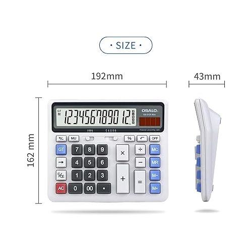  Desktop Calculator Extra Large LCD Display 12-Digit Big Number Accounting Calculator with Giant Response Button, Battery & Solar Powered, Perfect for Office Business Home Daily Use(OS-2135)