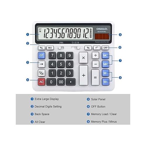  Desktop Calculator Extra Large LCD Display 12-Digit Big Number Accounting Calculator with Giant Response Button, Battery & Solar Powered, Perfect for Office Business Home Daily Use(OS-2135)