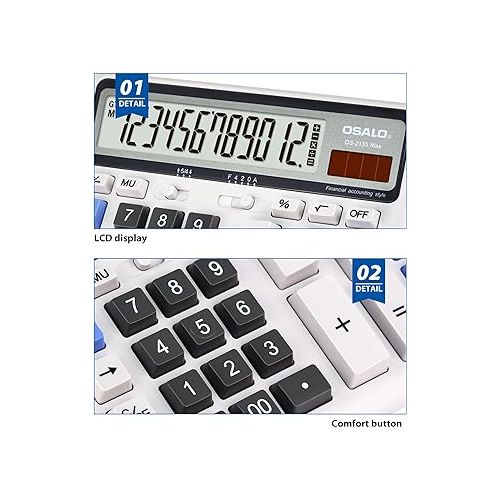  Desktop Calculator Extra Large LCD Display 12-Digit Big Number Accounting Calculator with Giant Response Button, Battery & Solar Powered, Perfect for Office Business Home Daily Use(OS-2135)