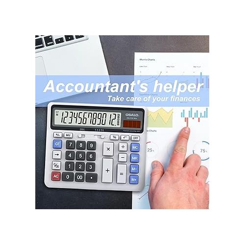  Desktop Calculator Extra Large LCD Display 12-Digit Big Number Accounting Calculator with Giant Response Button, Battery & Solar Powered, Perfect for Office Business Home Daily Use(OS-2135)