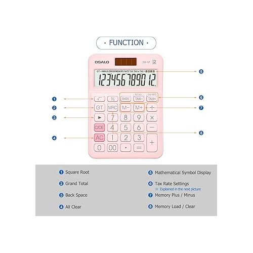  Pocket Small Size Desk Calculator, 12 Digit Large LCD Display, Basic Tax Function Handheld Desktop Calculator with Solar Battery Dual Power, Perfect for Office, School, Business OS-12T (Pink)