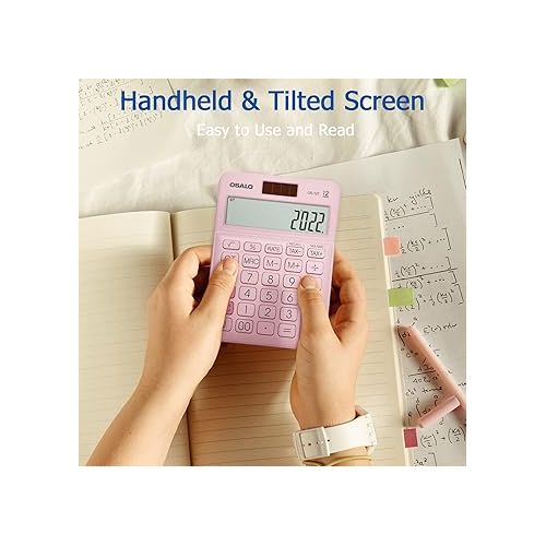  Pocket Small Size Desk Calculator, 12 Digit Large LCD Display, Basic Tax Function Handheld Desktop Calculator with Solar Battery Dual Power, Perfect for Office, School, Business OS-12T (Pink)