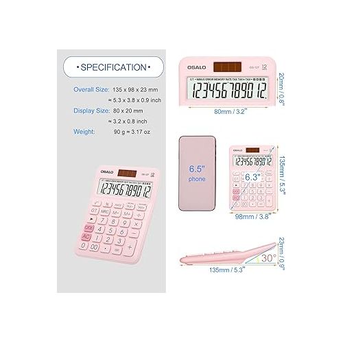  Pocket Small Size Desk Calculator, 12 Digit Large LCD Display, Basic Tax Function Handheld Desktop Calculator with Solar Battery Dual Power, Perfect for Office, School, Business OS-12T (Pink)