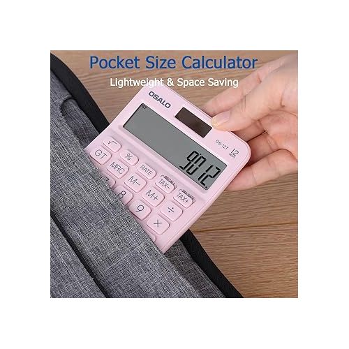  Pocket Small Size Desk Calculator, 12 Digit Large LCD Display, Basic Tax Function Handheld Desktop Calculator with Solar Battery Dual Power, Perfect for Office, School, Business OS-12T (Pink)