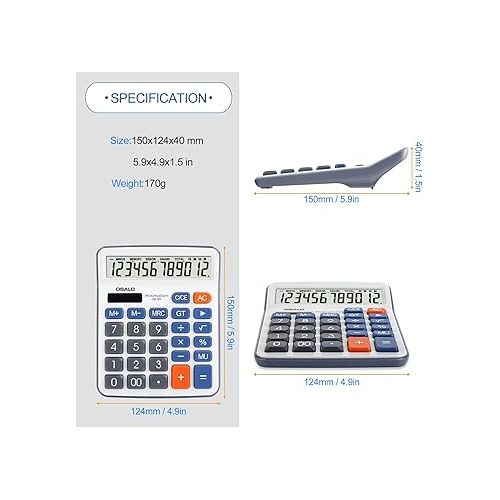  Desktop Calculator Large LCD Display 12 Digit Number Handheld Portable Pocket Basic Calculator with Big Soft Sensitive Button, Battery and Solar Powered, for Office Home School Use(OS-6M)