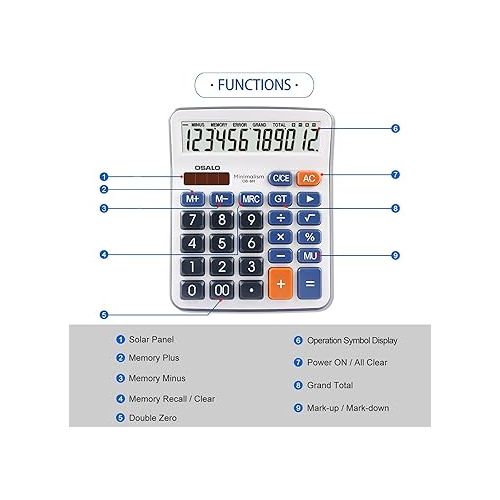  Desktop Calculator Large LCD Display 12 Digit Number Handheld Portable Pocket Basic Calculator with Big Soft Sensitive Button, Battery and Solar Powered, for Office Home School Use(OS-6M)