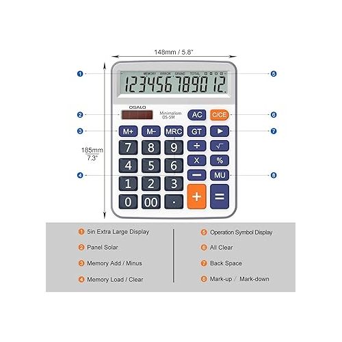  Desktop Calculator Extra Large 5-Inch Clear LCD Display 12-Digit Big Number Button Office Calculator with Auto Sleep Function (OS-5M)