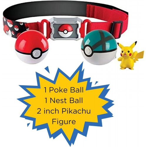 포켓몬 [아마존핫딜][아마존 핫딜] PoKeMoN Pokemon Clip and Carry Poke Ball Adjustable Belt with 2 inch Pikachu Figure, Poke Ball, and Grass Type Nest Ball - Gotta Catch Em All