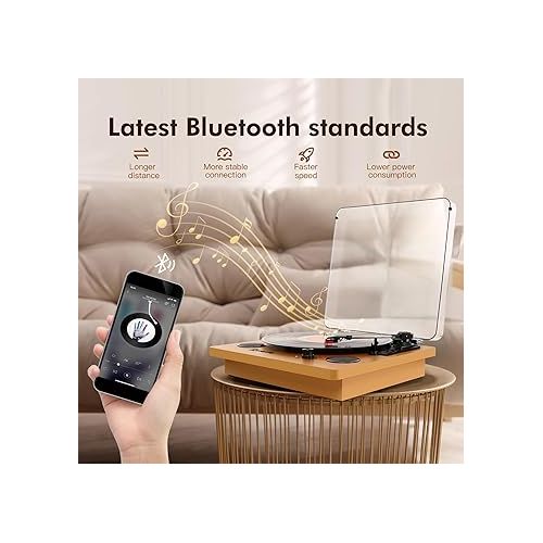  Record Player, Popsky 3-Speed Turntable Bluetooth Vinyl Record Player with Speaker, Portable LP Vinyl Player, Vinyl-to-MP3 Recording, 3.5mm AUX & RCA & Headphone Jack