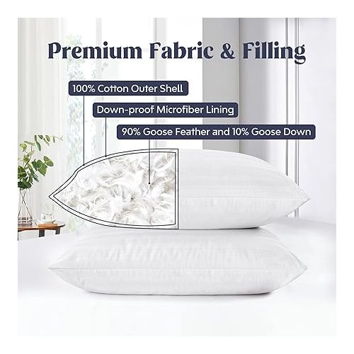  puredown® Goose Feather Down Bed Pillows for Sleeping with 2 Outer Protectors, Hotel Standard/Queen Pillows Set of 2 with Cotton Fabric Cover (Pack of 2)