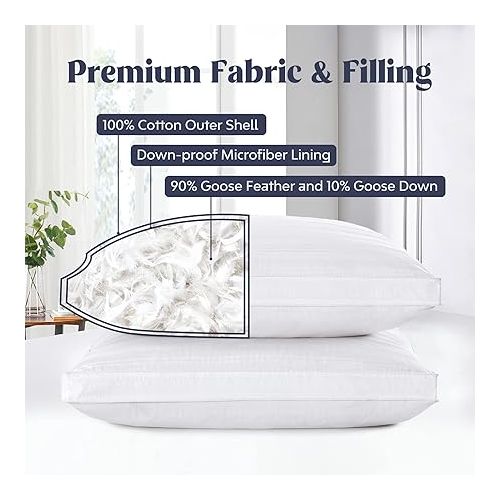  puredown® Goose Feathers and Down Pillow, Bed Pillow for Sleeping, Hotel Collection Gusseted 2 Outer Protectors, Cotton Fabric, White, King Size, Set of 2