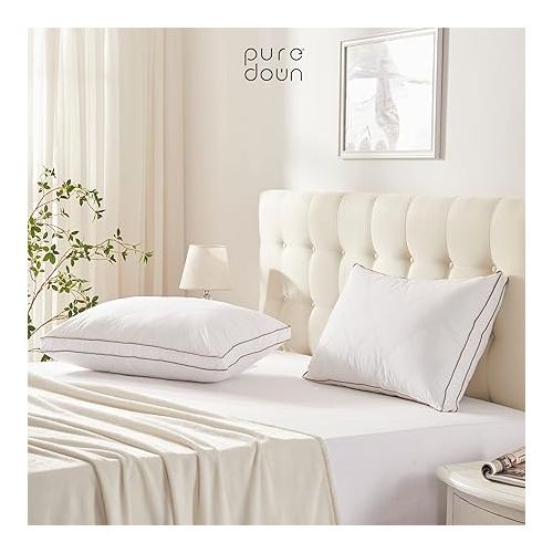  puredown® Goose Feathers and Down Pillow for Sleeping Gusseted Bed Hotel Collection Pillows, Queen, Set of 2