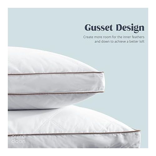  puredown® Goose Feathers and Down Pillow for Sleeping Gusseted Bed Hotel Collection Pillows, Queen, Set of 2