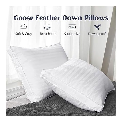  puredown® Goose Feathers and Down Pillows with Gusseted 2 Outer Protectors, Cotton Fabric, White, Standard/Queen Size, Set of 2