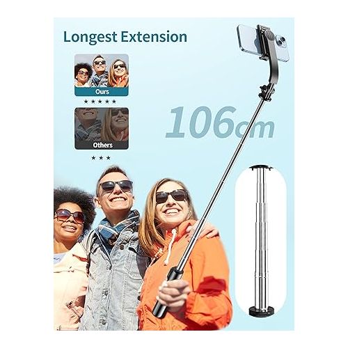  Selfie Stick, 41'' Extendable Phone Tripod Stand with Phone Holder & Detachable Remote, 360° Rotation Selfie Stick Tripod for Cell Phone Compatible with iPhone, Android, Samsung