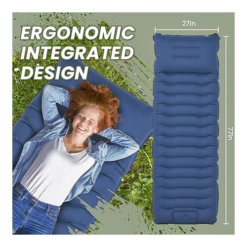  ropoda Upgraded Extra Thickness 6'' Inflatable Sleeping Pad with Pillow, Built-in Foot Pump, 77''*27'' Camping Pad with Carry Bag, Ultralight & Compact Camping Mat Pad for Hiking, Blue