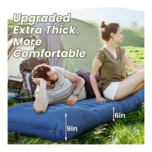  ropoda Upgraded Extra Thickness 6'' Inflatable Sleeping Pad with Pillow, Built-in Foot Pump, 77''*27'' Camping Pad with Carry Bag, Ultralight & Compact Camping Mat Pad for Hiking, Blue