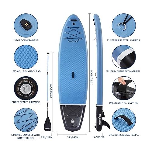  surfstar Inflatable Paddle Board with Camera Mount Fiberglass Paddle, 10'6