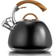 suyika Tomotime Stove Top Whistling Tea Kettle Food Grade Stainless Steel Teapot with Wood Pattern Handle 3 Quart Black