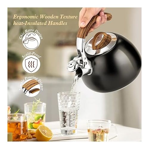  suyika Tomotime Stove Top Whistling Tea Kettle Food Grade Stainless Steel Teapot with Wood Pattern Handle 3 Quart Black