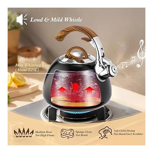  suyika Tomotime Stove Top Whistling Tea Kettle Food Grade Stainless Steel Teapot with Wood Pattern Handle 3 Quart Black