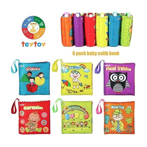  teytoy My First Soft Book, 6 PCS Nontoxic Fabric Baby Cloth Books Early Education Toys Activity Crinkle Cloth Book for Toddler, Infants and Kids Perfect for Baby Shower (New Version)