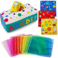 teytoy My First Baby Tissue Box, Soft Stuffed High Contrast Crinkle Montessori Square Sensory Toys Juggling Rainbow Dance Scarves for Toddler, Infants, Newborns and Kids Educational Preschool Learning