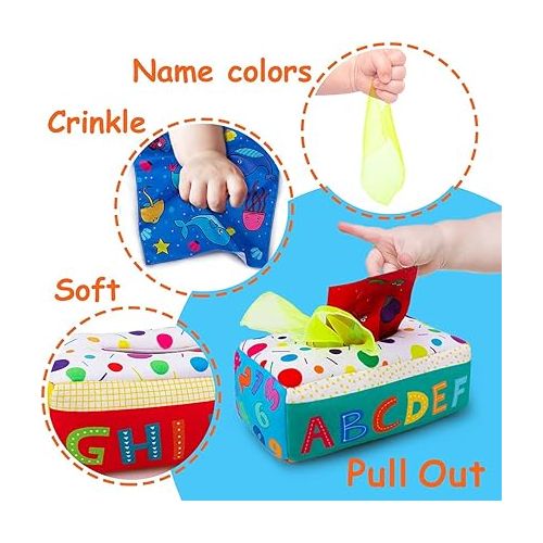  teytoy My First Baby Tissue Box, Soft Stuffed High Contrast Crinkle Montessori Square Sensory Toys Juggling Rainbow Dance Scarves for Toddler, Infants, Newborns and Kids Educational Preschool Learning