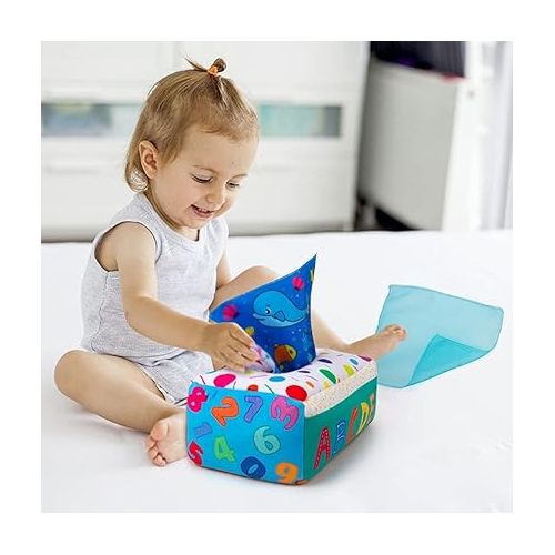  teytoy My First Baby Tissue Box, Soft Stuffed High Contrast Crinkle Montessori Square Sensory Toys Juggling Rainbow Dance Scarves for Toddler, Infants, Newborns and Kids Educational Preschool Learning