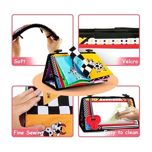  3-in-1 Tummy Time Mirror Toys with Soft Crinkle 3D Activity Book,Teethers, Rattle,High Contrast Black and White Montessori Baby Crawling Toys Developmental Newborn Infant Sensory Toys Gift 0-12 Months