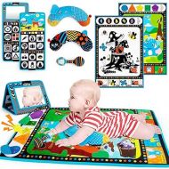 4-in 1 Tummy Time Mirror&Play Activity Mat with Support Pillow&Baby Rattle,Sensory Newborn Infant Toys Set,High Contrast Black and White Baby Toys, Tummy Time Toys for 0,3,6,12 Month Learning