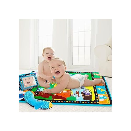  4-in 1 Tummy Time Mirror&Play Activity Mat with Support Pillow&Baby Rattle,Sensory Newborn Infant Toys Set,High Contrast Black and White Baby Toys, Tummy Time Toys for 0,3,6,12 Month Learning