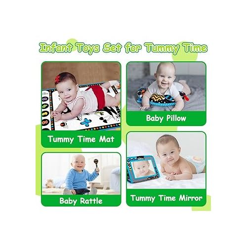  4-in 1 Tummy Time Mirror&Play Activity Mat with Support Pillow&Baby Rattle,Sensory Newborn Infant Toys Set,High Contrast Black and White Baby Toys, Tummy Time Toys for 0,3,6,12 Month Learning