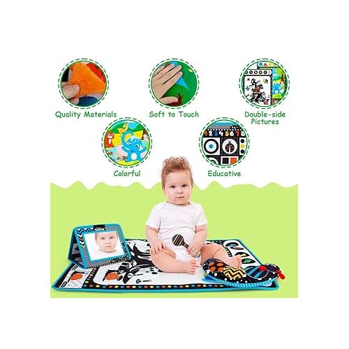  4-in 1 Tummy Time Mirror&Play Activity Mat with Support Pillow&Baby Rattle,Sensory Newborn Infant Toys Set,High Contrast Black and White Baby Toys, Tummy Time Toys for 0,3,6,12 Month Learning