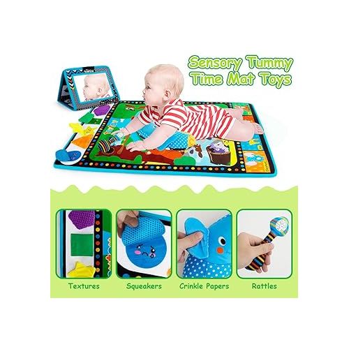  4-in 1 Tummy Time Mirror&Play Activity Mat with Support Pillow&Baby Rattle,Sensory Newborn Infant Toys Set,High Contrast Black and White Baby Toys, Tummy Time Toys for 0,3,6,12 Month Learning