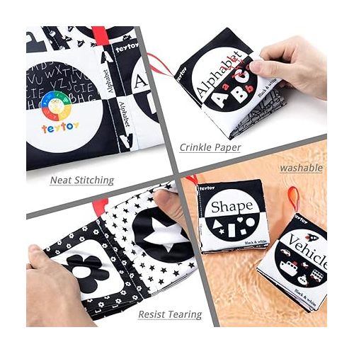  My First Soft Book,teytoy Nontoxic Fabric Baby Cloth Activity Crinkle Soft Black and White Book for Infants Boys and Girls Early Educational Toys Perfect for Baby Shower -Pack of 6