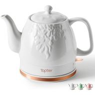 Toptier Electric Ceramic Tea Kettle, Boil Water Quickly and Easily, Detachable Swivel Base & Boil Dry Protection, Carefree Auto Shut Off, 1 L, White Leaf