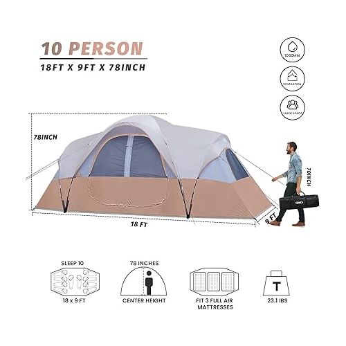  UNP Camping Tent 10-Person-Family Tents, Parties, Music Festival Tent, Big, Easy Up, 5 Large Mesh Windows, Double Layer, 2 Room, Waterproof, Weather Resistant, 18ft x 9ft x78in