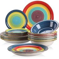 vancasso Stoneware Dinnerware Set for 6 Arco 18 Pieces Stoneware Combination Set with Dinner Plate, Dessert Plate and Soup Bowl, Handpainted Spiral and Alternately Colourful Pattern