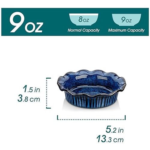  vancasso Stern Mini Pie Pans Set of 6, Ceramic Dish Pie Plate for Baking, Small Plates with Corrugated Edge, Easy to Clean, Dishwasher & Microwave & Oven Safe Blue, 5.2 inch, 9 Ounce