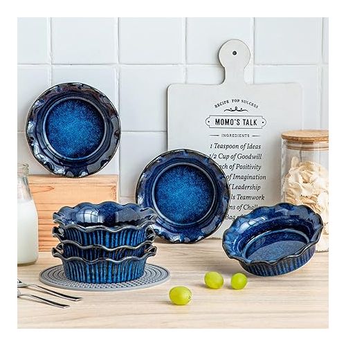  vancasso Stern Mini Pie Pans Set of 6, Ceramic Dish Pie Plate for Baking, Small Plates with Corrugated Edge, Easy to Clean, Dishwasher & Microwave & Oven Safe Blue, 5.2 inch, 9 Ounce