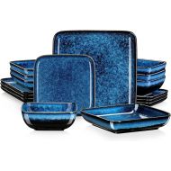 vancasso Stern Blue Dinner Set Square Reactive Glaze Tableware 16 Pieces Kitchen Dinnerware Stoneware Crockery Set with Dinner Plate, Dessert Plate, Bowl and Soup Plate Service for 4