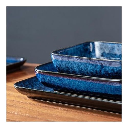  vancasso Stern Blue Dinner Set Square Reactive Glaze Tableware 16 Pieces Kitchen Dinnerware Stoneware Crockery Set with Dinner Plate, Dessert Plate, Bowl and Soup Plate Service for 4