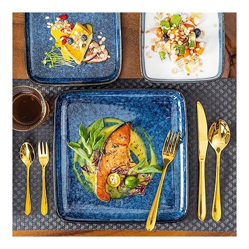  vancasso Stern Blue Dinner Set Square Reactive Glaze Tableware 16 Pieces Kitchen Dinnerware Stoneware Crockery Set with Dinner Plate, Dessert Plate, Bowl and Soup Plate Service for 4