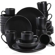 vancasso Moda Matte Dinner Set Black Dinner Service, 32-Piece Ceramic Dinnerware Tableware Stoneware Crockery with 11in Dinner Plate, 8in Dessert Plate, 7in Bowl and 14oz Mug.