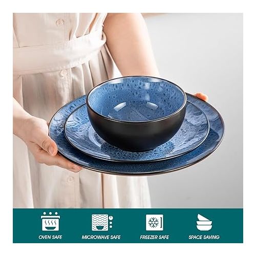  vancasso Bubble Plates and Bowls Sets - 12 Piece Dinnerware Sets Service for 4, Reactive Glaze Stoneware Tableware Set, Microwave, Dishwasher, Oven Safe (Blue)