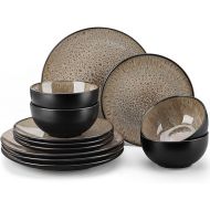 vancasso Bubble Plates and Bowls Sets - 12 Piece Dinnerware Sets Service for 4, Reactive Glaze Stoneware Tableware Set, Microwave, Dishwasher, Oven Safe (Brown)