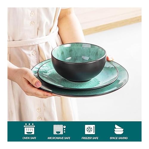  vancasso Bubble Plates and Bowls Sets - 12 Piece Dinnerware Sets Service for 4, Reactive Glaze Stoneware Tableware Set, Microwave, Dishwasher, Oven Safe (Green)