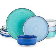 vancasso Bonita Blue Dinnerware Sets, Plates and Bowls Set for 4, 12 Pieces Stoneware Dinnerware Set, Dishwasher and Microwave Safe