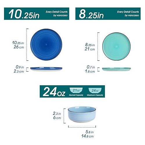  vancasso Bonita Blue Dinnerware Sets, Plates and Bowls Set for 4, 12 Pieces Stoneware Dinnerware Set, Dishwasher and Microwave Safe